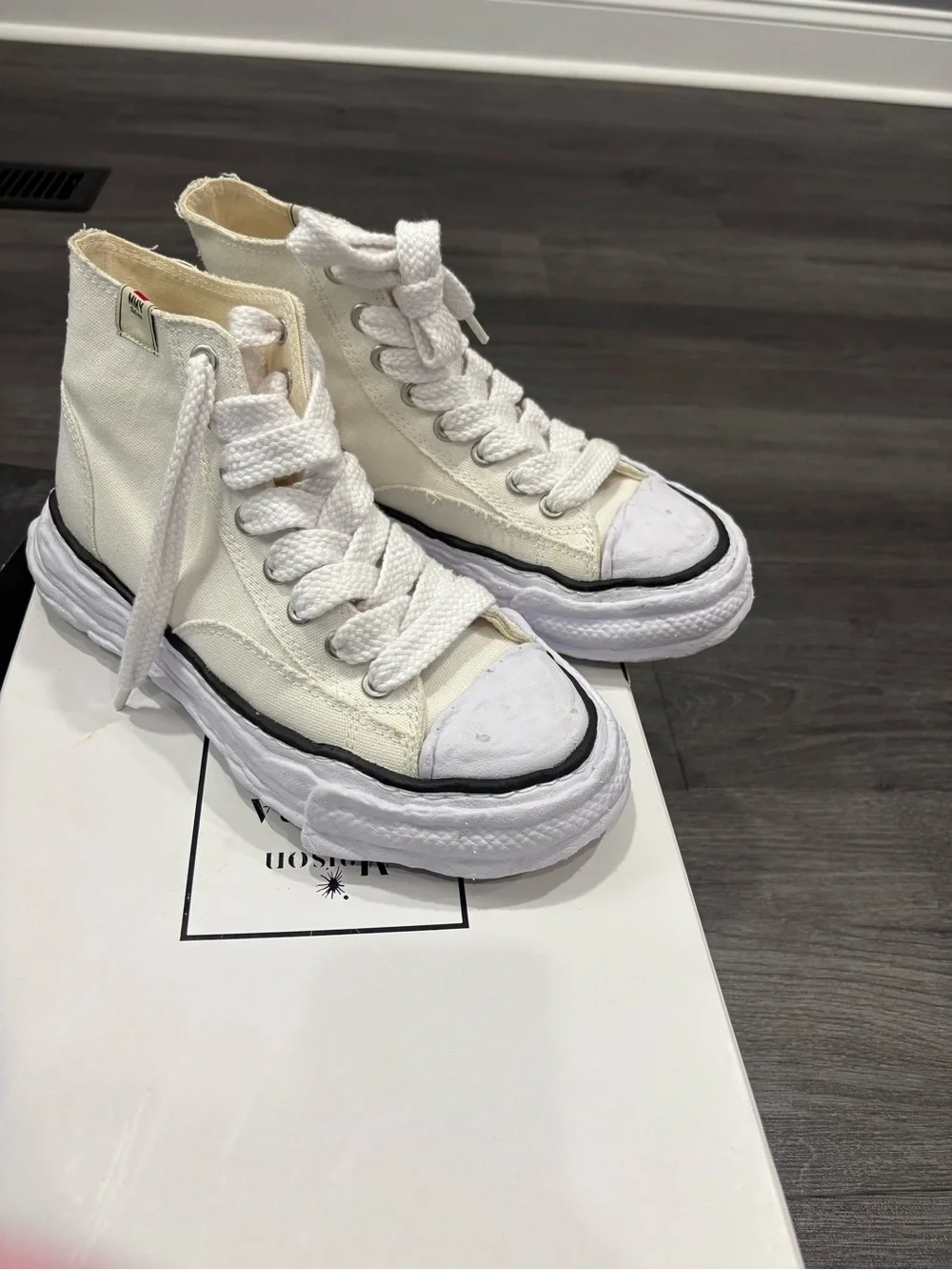 Miharayasuhiro White and Black Distressed High-Top Canvas Sneakers